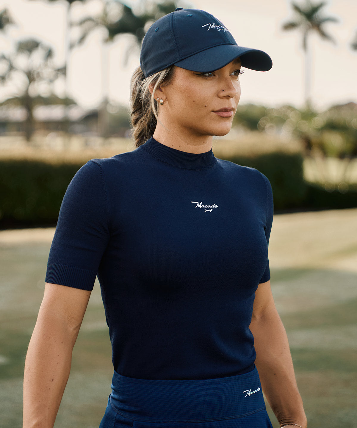 Navy Script Mock Neck Top Macade Golf