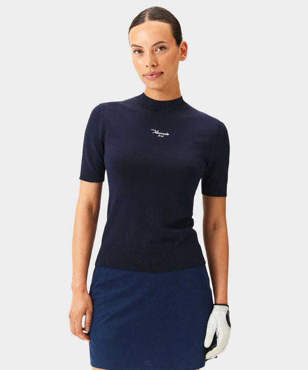 Script Mock Neck Top - Navy