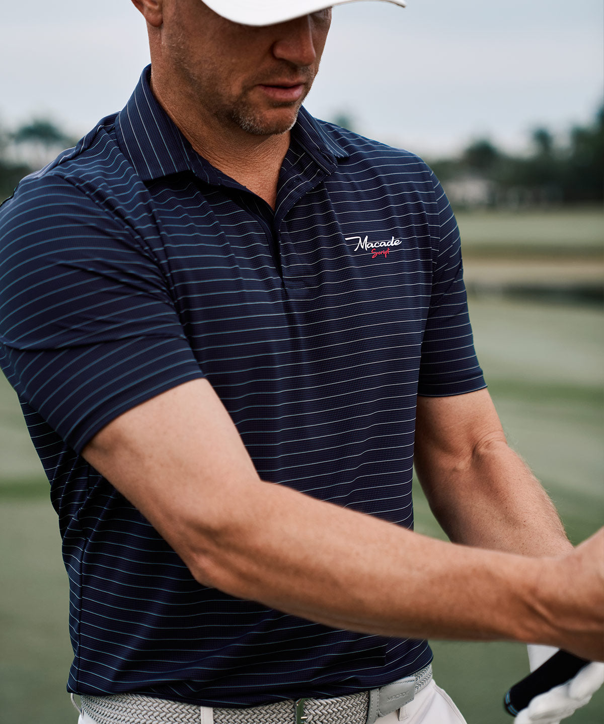 Navy Striped TX Script Shirt Macade Golf