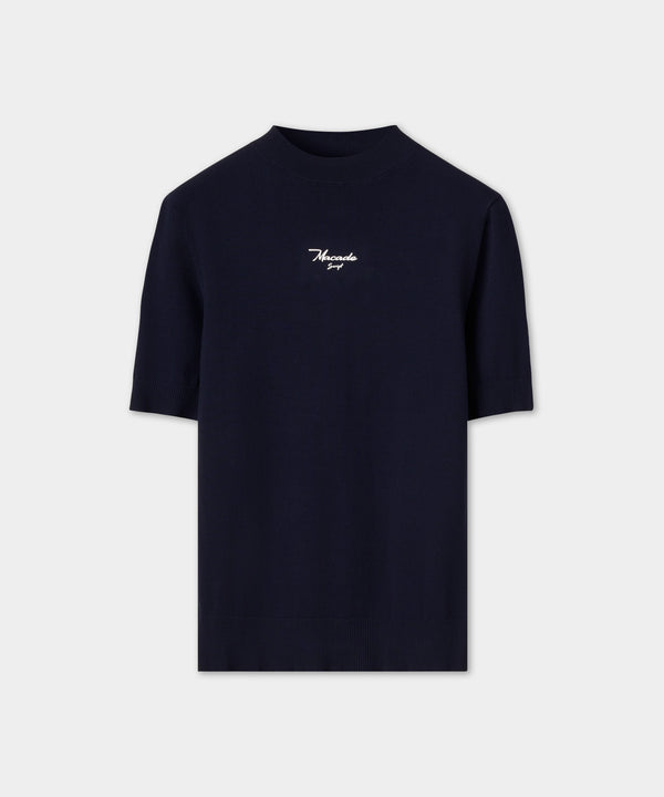Script Mock Neck Top - Navy