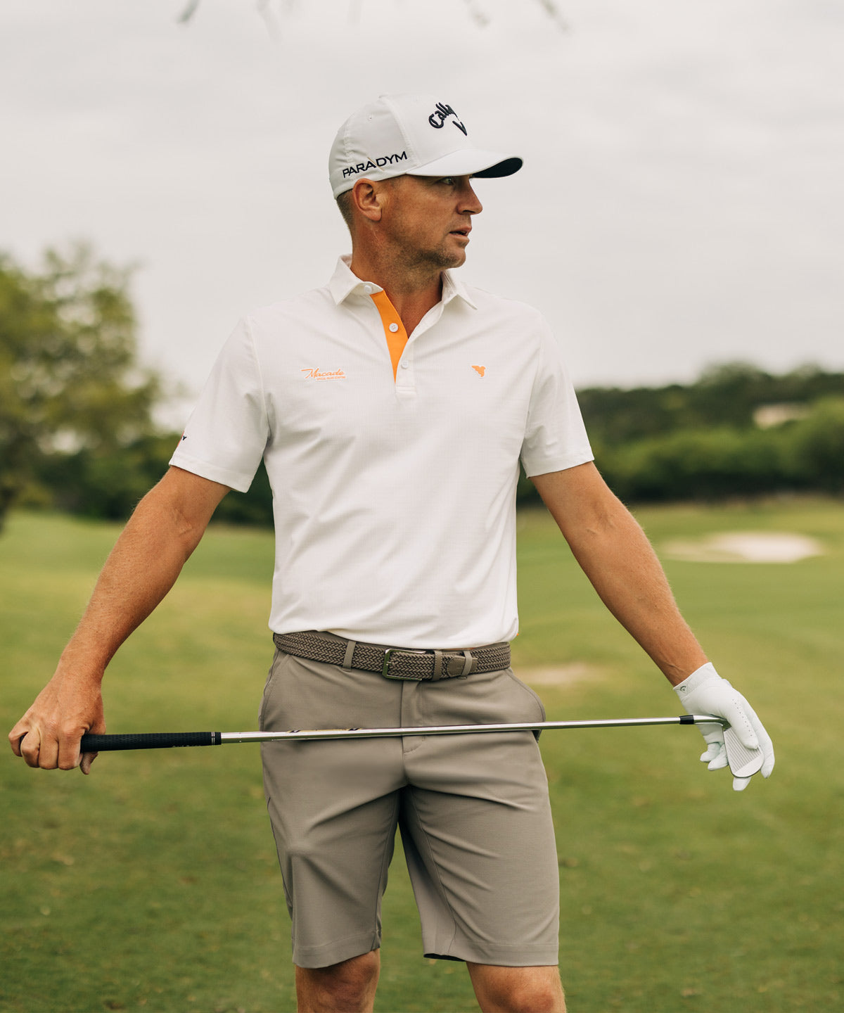 National White Script Polo Shirt Macade Golf